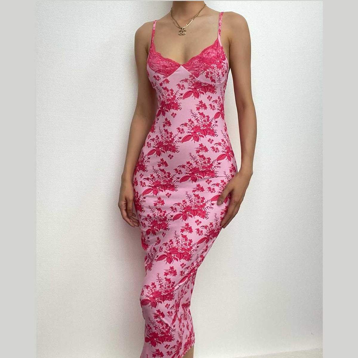 Flower Print Lace Hem V Neck Contrast Backless Cami Midi Dress
