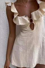 U-Neck Lotus Leaf Lace Short Mini Dress