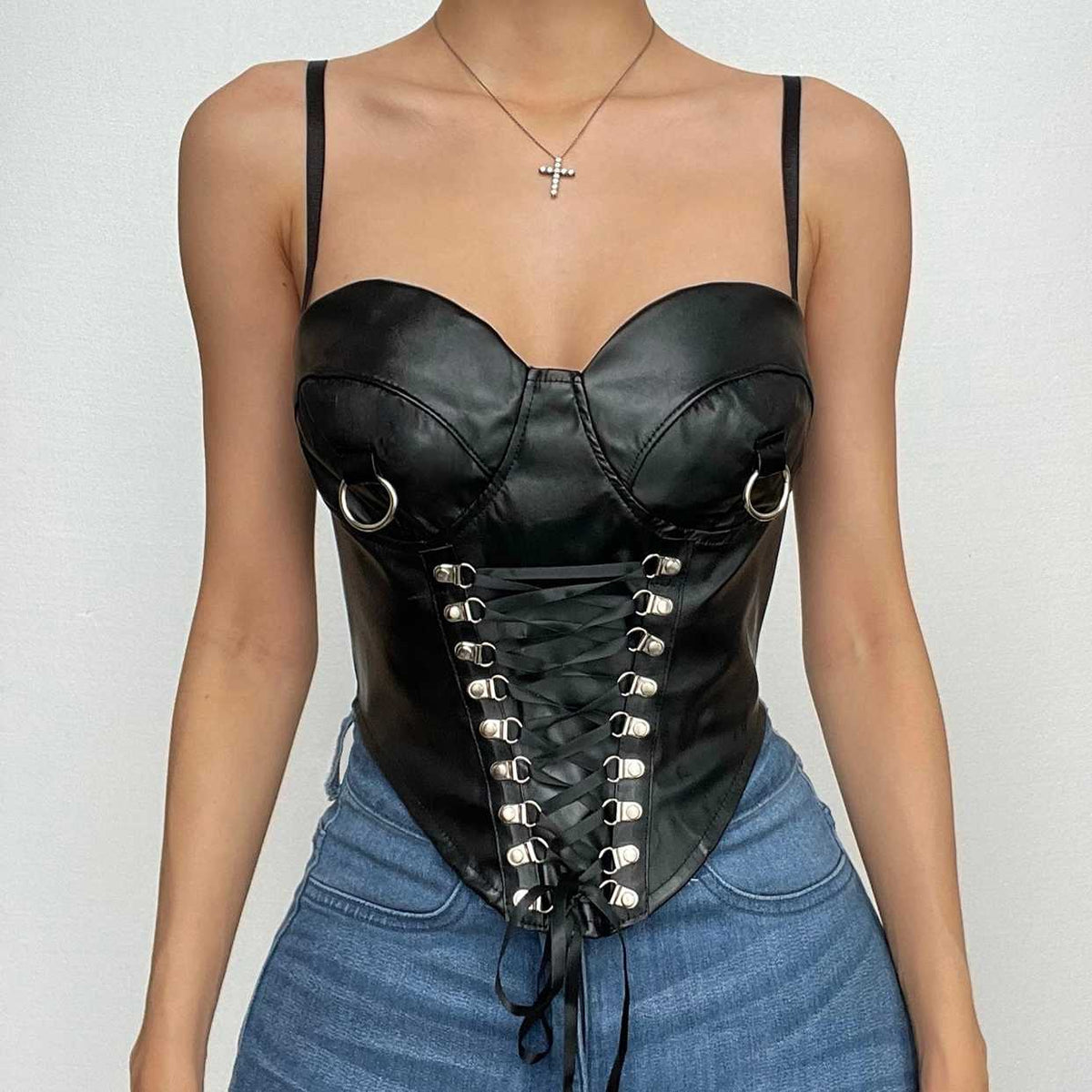 Lace Up Sweetheart Neck Pu Leather Zip-Up Cami Crop Top
