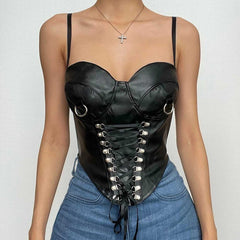 Lace Up Sweetheart Neck Pu Leather Zip-Up Cami Crop Top