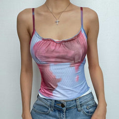Tie Dye Contrast Mesh Ruffle Backless Cami Top