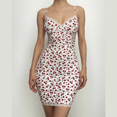 Cherry Print V Neck Lace Hem Contrast Cami Mini Dress