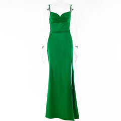 Solid Sleeveless Cowl Neck Slit Ruched Backless Cami Maxi Dress