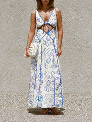 Unique Print Cutout Charming Tie-Up Backless Maxi Dress