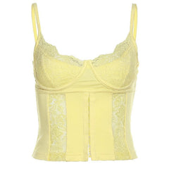 Corset U Neck Button Solid Lace Cami Crop Top