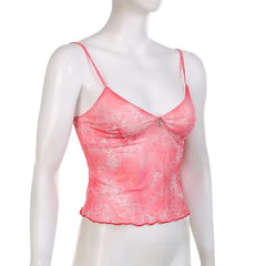 Sheer Mesh See Through V Neck Flower Print Ruffle Cami Crop Top