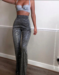 High Waist Sequin Fall Party Wear Wide Leg Casual Trousers Fashion Loose Glitter Shiny Bell Bottom Pants For Women