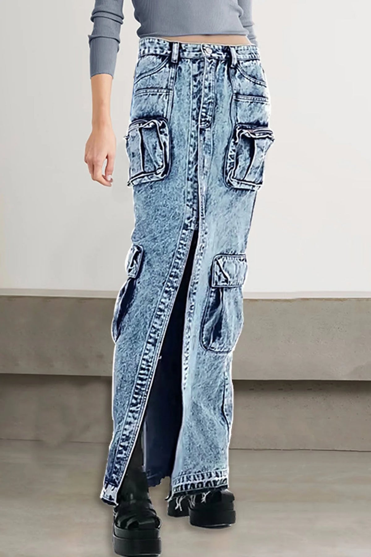 Pocket Patchwork Slit A-Line Denim Cargo Skirt