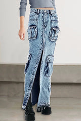 Pocket Patchwork Slit A-Line Denim Cargo Skirt