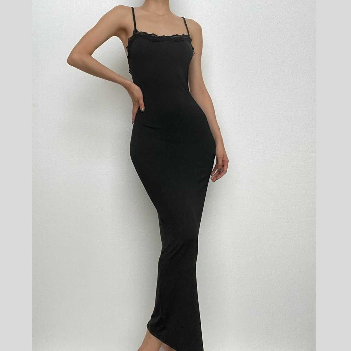 Lace Hem Square Neck Solid Backless Cami Maxi Dress