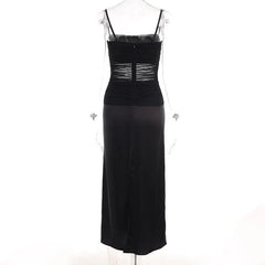 Mesh Patchwork Zip-Up Solid Backless Ruched Cami Midi Dress