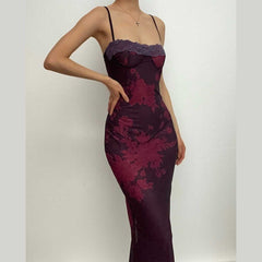Lace Hem Contrast Flower Pattern Slit Cami Midi Dress