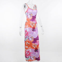 Flower Print Contrast Backless Slit Square Neck Cami Maxi Dress