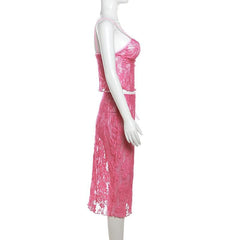 Lace See Through V Neck Backless Solid Cami Midi Skirt Set