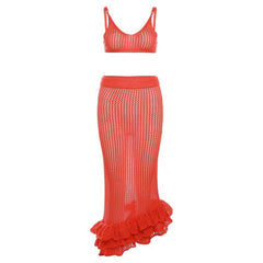 Crochet V Neck See Through Ruffle Irregular Cami Midi Skirt Set