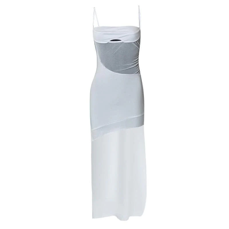 Solid Irregular Hollow Out Mesh Backless Cami Mini Dress