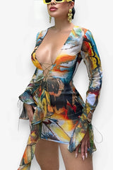 Hollow Irregular Ruffle V-Neck Mini Dress