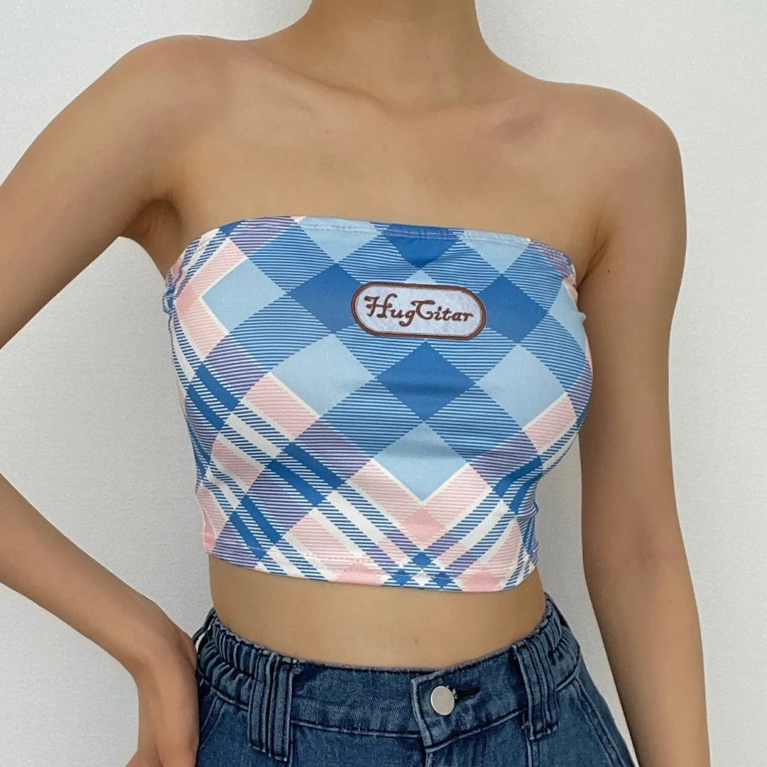 Embroidery Contrast Plaid Backless Tube Top