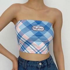 Embroidery Contrast Plaid Backless Tube Top