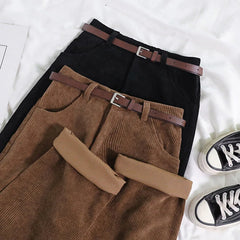 High Waist Wide Leg Corduroy Long Pants With Belt