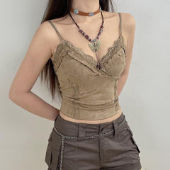 Micro Suede Lace Hem V Neck Ruffle Backless Cami Top