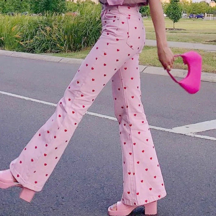 Y2K Pink Pants Heart Printed Sweet Trousers Vintage Aesthetic Party Pants Pockets Joggers Festival Outfits Women New
