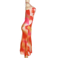 Contrast Knotted Ruched Low Cut V Neck Backless Cami Midi Dress