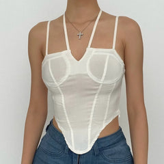 Solid Halter Notch Neck Self Tie Backless Cami Crop Top