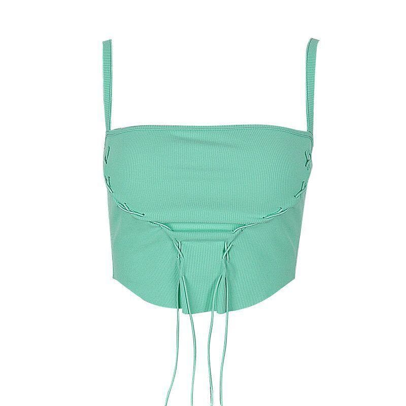 Lace Up Ribbed Square Neck Backless Ribbon Solid Cami Top