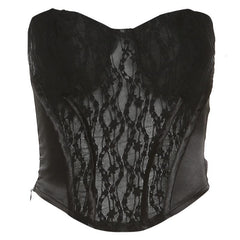 Lace Patchwork Sweetheart Neck Solid Zip-Up Corset Tube Top