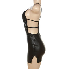 Pu Leather Hollow Out Cami Open Side Backless Mini Dress