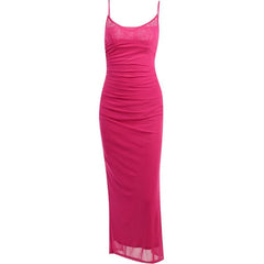 Mesh Ruched Slit Square Neck Solid Backless Cami Midi Dress