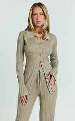 Kelsey Top - Button Through Long Sleeve Knitted Top in Taupe