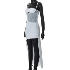 Solid Irregular Hollow Out Mesh Backless Cami Mini Dress