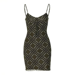 Plaid Contrast Print Ruffle Low Cut Backless Cami Bodycon Dress