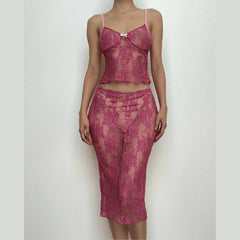 Lace See Through V Neck Backless Solid Cami Midi Skirt Set