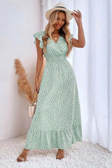 V-Neck Ruffle Sleeve High Waist Dress