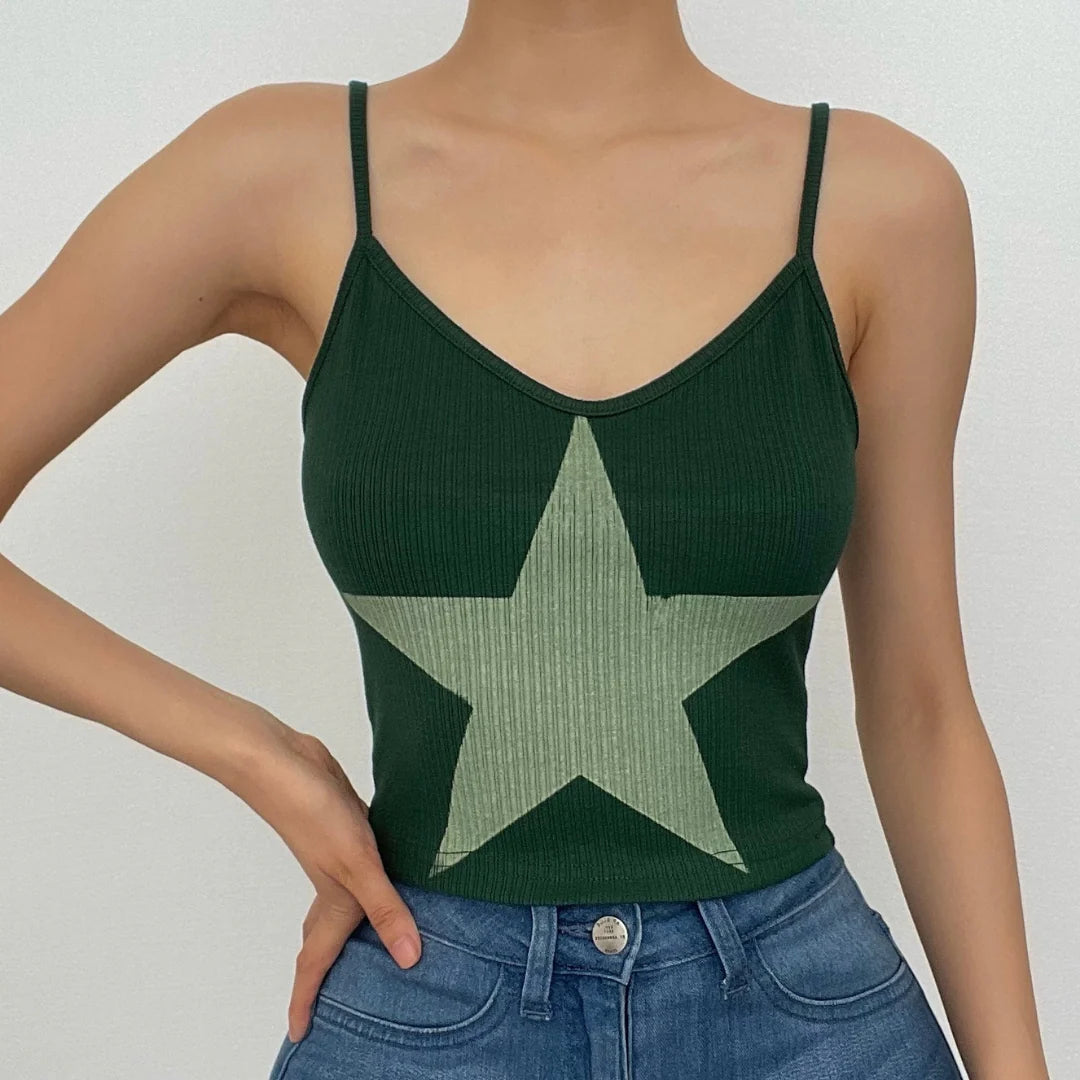 Ribbed Star Pattern Contrast V Neck Cami Top