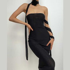 Flower Applique Solid Lace Up Ribbon Tube Midi Dress