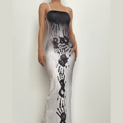 Palm Print Contrast Zip-Up Slit Square Neck Cami Maxi Dress