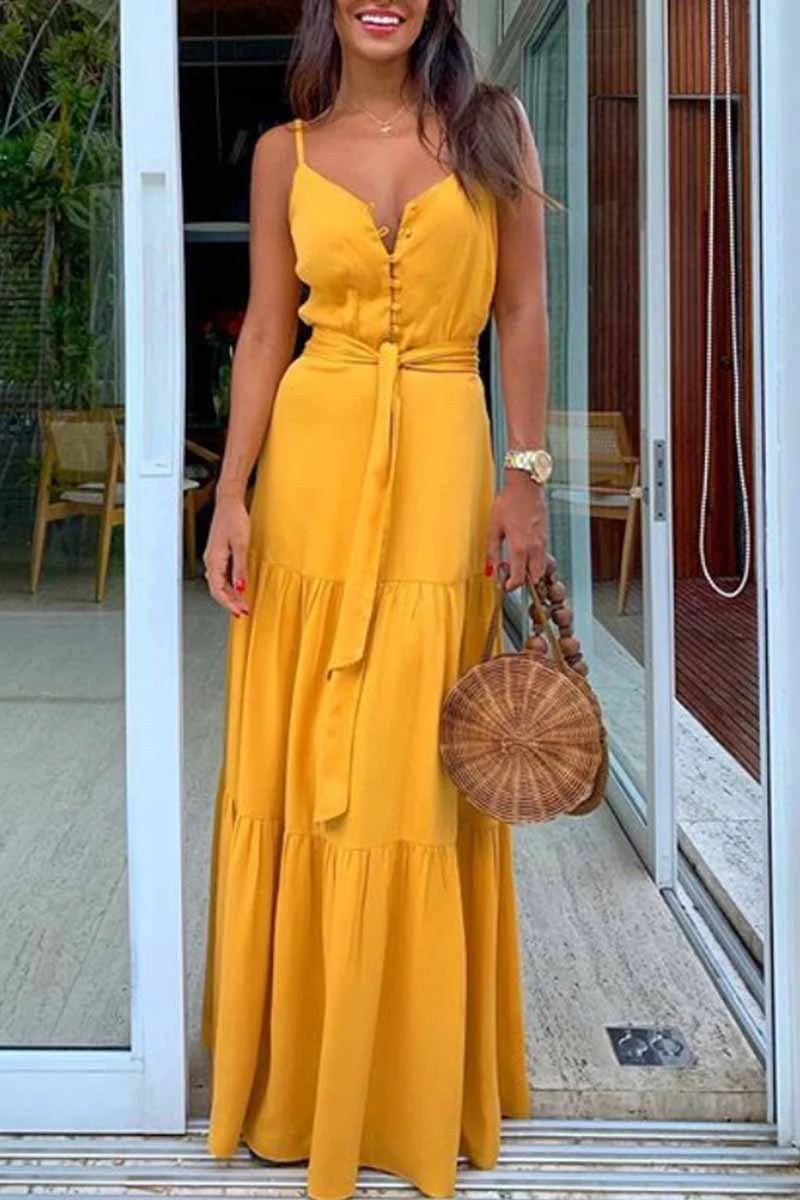 Cityhottie Button V-Neck Maxi Dress With Belt(3 Colors)