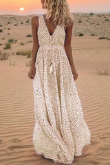 Cityhottie V Neck Dot Printed Floor Length Dress(3 Colors)