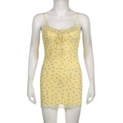 Ruched Mesh Ruffle Self Tie Flower Print Cami Mini Dress
