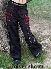 Fashion Trends Gothic Chain Bandage Wide Leg Pants Women Oversize Low Rise Dark Academic Trousers Streetwear 90S Baggy Pant Punk Style