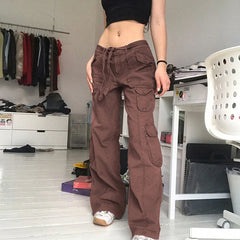 Fashion Women'S Jeans Y2K High Street Waist Denim Trousers Drawstring Waist Flap Pocket  Baggy Jeans Loose Women'S Classic Pants