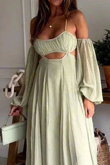 Sexy Suspender Long-Sleeved Backless Green Dress