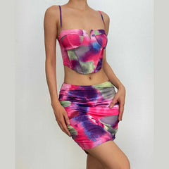 Ruched Contrast Tie Dye Notch Neck Backless Corset Cami Mini Skirt Set