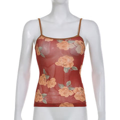 Contrast Flower Print Mesh Square Neck Cami Top