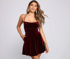 Amelia Lace-Up Back Charming Velvet Skater Dress