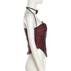 Rose Print Zip-Up Flower Applique Contrast Tube Top